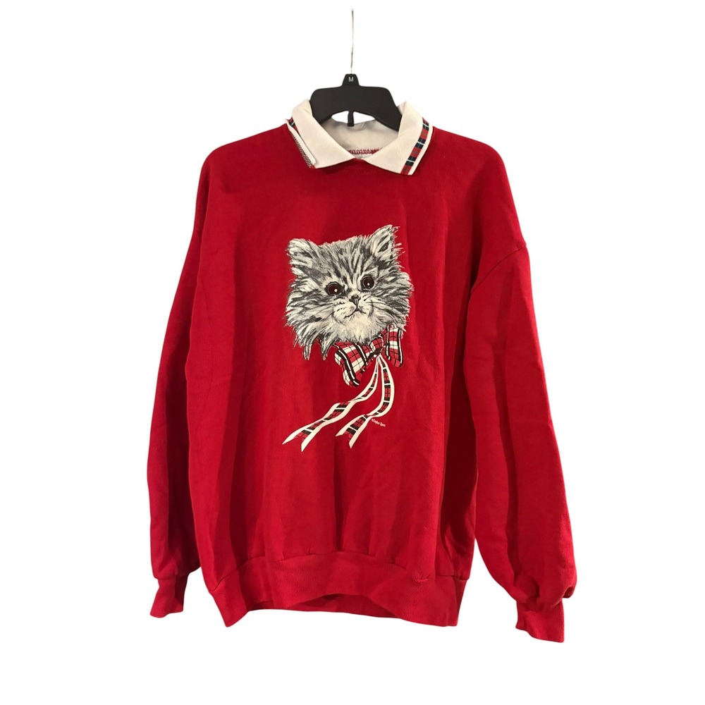 Vintage Gopher Sport Red Cat Plaid Bow Double Collar Sweatshirt Womens XL 90s
